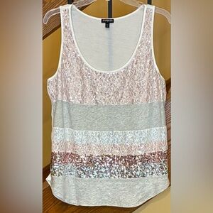 Express Y2K Sequin & Lace Strip Tank Ivory & Pink &Gray  SZ. Lg  Women’s